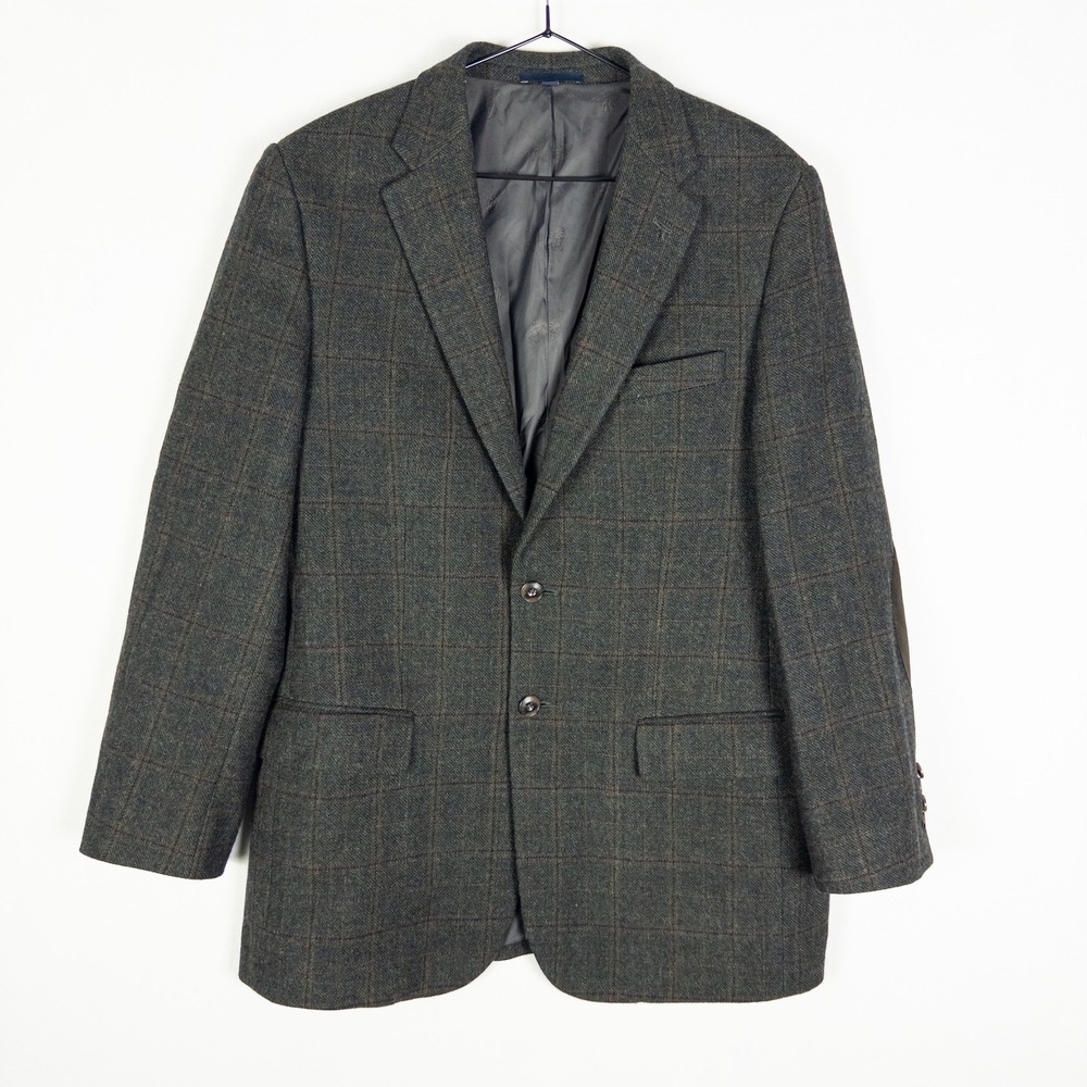 Jos A Bank 1905 Wool Blazer Mens 42R Green Windowpane Plaid Elbow Patch Heritage